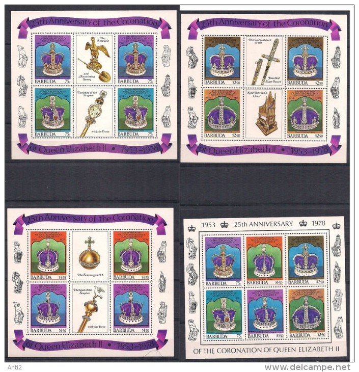 Barbuda 1978 25 Years Anniversary Cornonation, Mi 394-399 In Three Minisheets + Bloc 34 MNH(**) - Barbuda (...-1981)