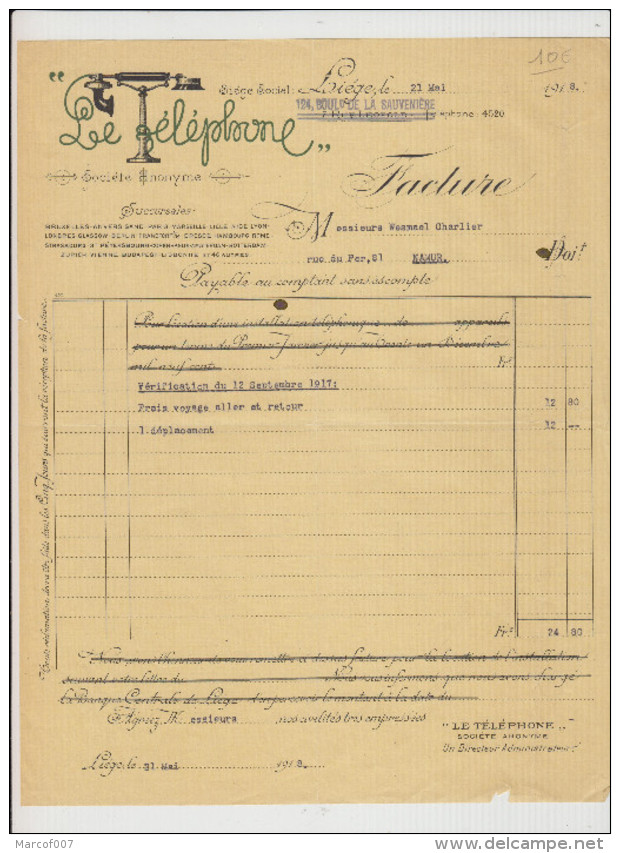 LIEGE - LE TELEPHONE FACTURE - 1918 - Petits Métiers