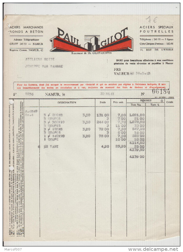 NAMUR - PAUL GILOT - FACTURE ACIER / BETON - 1963 - Artigianato