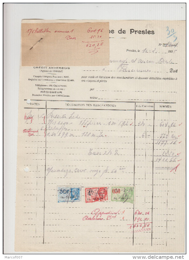 PRESLES - REGIE DU DOMAINE DE PRESLES - FACTURE BOIS DU PAYS - CHARBONNAGE -  1935 - Petits Métiers