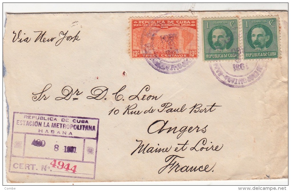 LETTRE 1931 CUBA RECOMMANDE HABANA  POUR LA FRANCE VIA NEW-YORK /  7623 - Brieven En Documenten