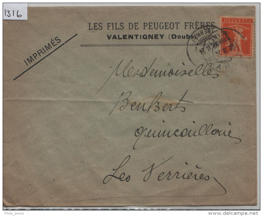 1924 Tellknabe 152 - Cachet:  Fahy (Berne) Les Fils De Peugot Freres Valentigney (Doubs) - Lettres & Documents