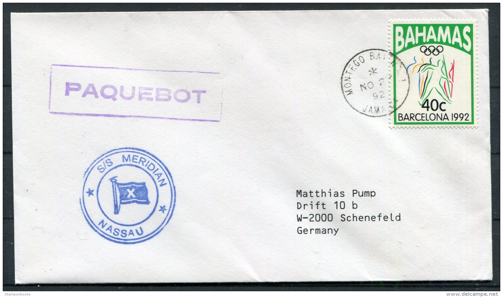 1992 Bahamas Montego Bay Jamaica Paquebot Ship Cover - Bahamas (1973-...)