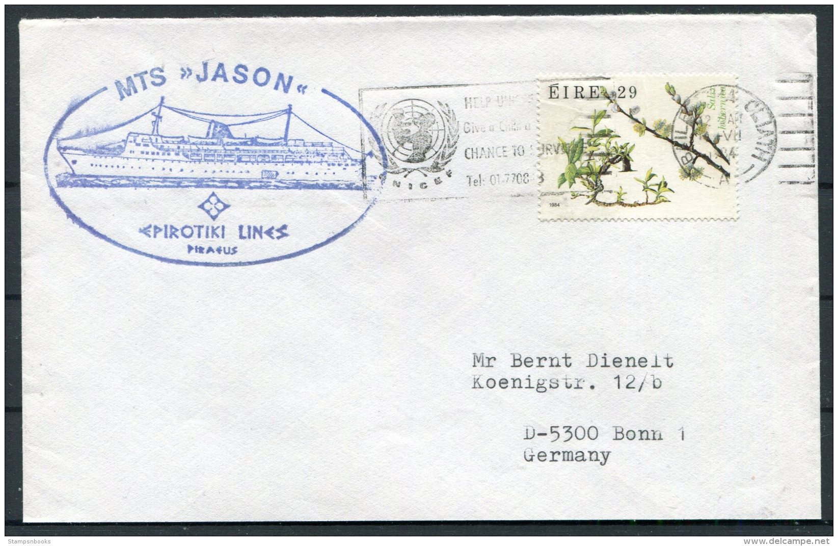 1984 Eire UNICEF MTS JASON Epirotiki Lines Greece Ship Cover - Brieven En Documenten