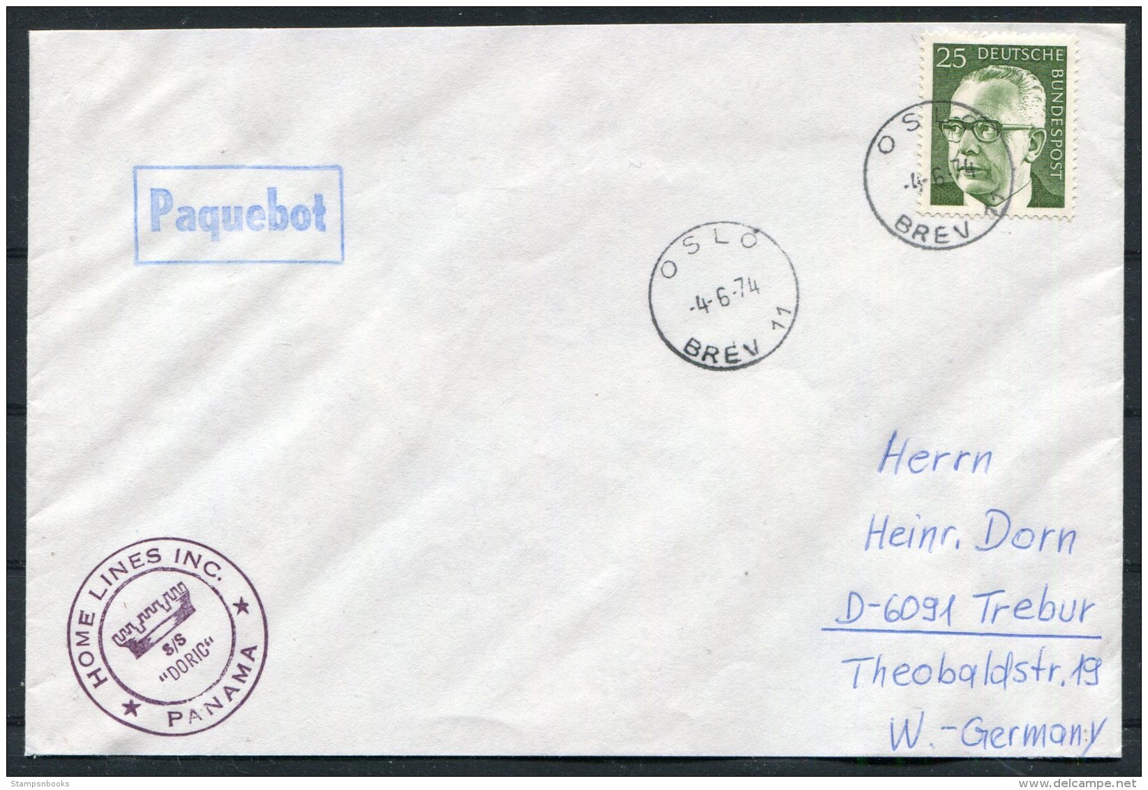 1974 Norway Oslo Germany Paquebot SS DORIC Panama Ship Cover - Covers & Documents