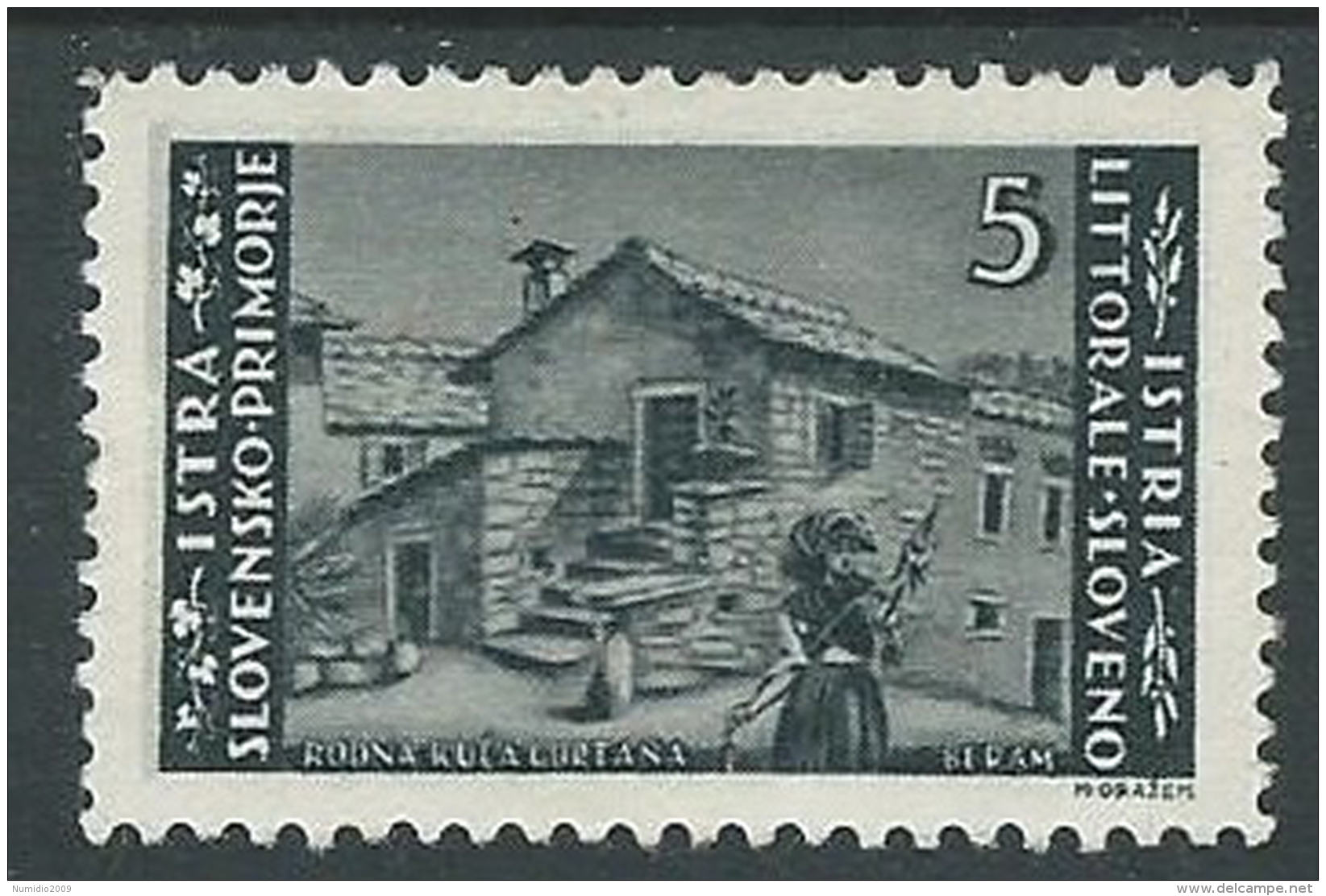 1945 OCC JUGOSLAVA ISTRIA EMISSIONE BILINGUE 5 LIRE MH * - M55-8 - Occup. Iugoslava: Istria