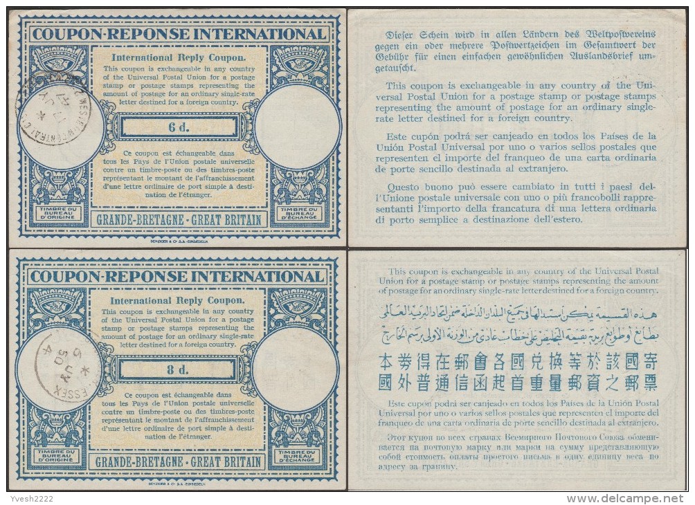 Grande-Bretagne 1947 Et 1950. Deux Coupons-réponse, Respectivement à 6 Et 8 D. Modification Des Langues - Autres & Non Classés