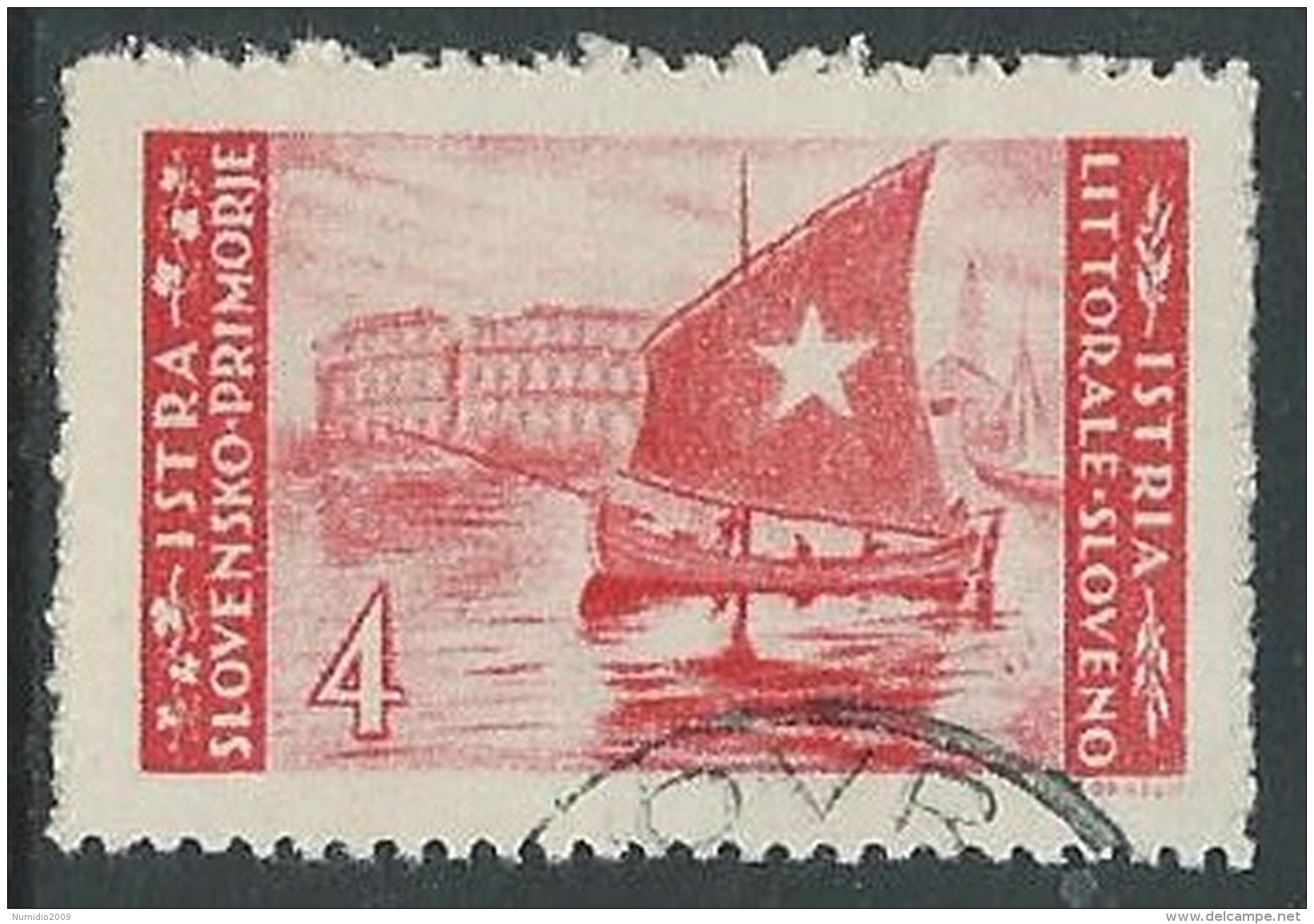 1946 OCC JUGOSLAVA ISTRIA USATO EMISSIONE BILINGUE 4 LIRE - M56-7-4 - Occup. Iugoslava: Istria