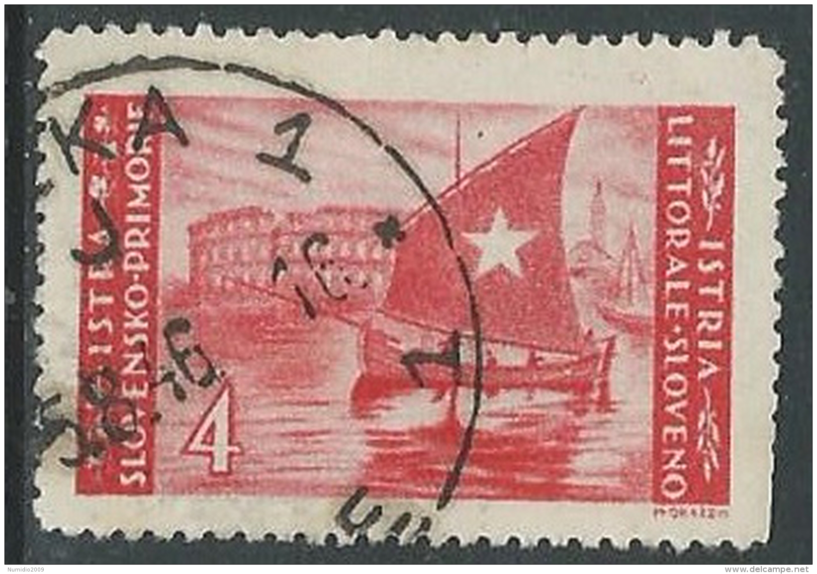 1946 OCC JUGOSLAVA ISTRIA USATO EMISSIONE BILINGUE 4 LIRE - M56-7-6 - Joegoslavische Bez.: Istrië