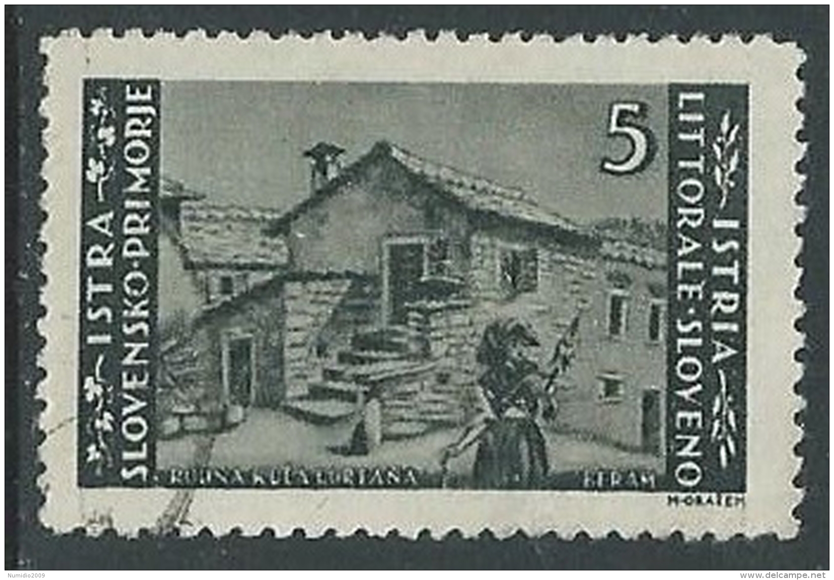 1946 OCC JUGOSLAVA ISTRIA USATO EMISSIONE BILINGUE 5 LIRE - M56-7 - Occ. Yougoslave: Istria