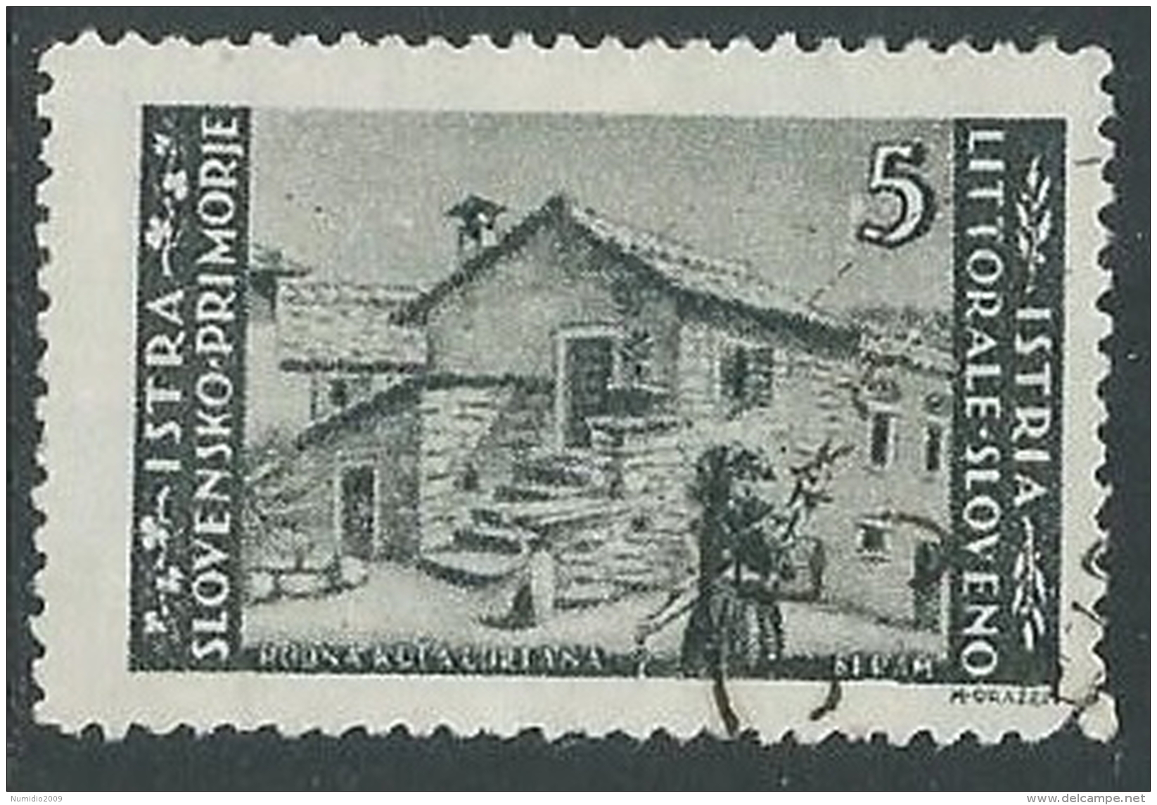 1946 OCC JUGOSLAVA ISTRIA USATO EMISSIONE BILINGUE 5 LIRE - M56-7-3 - Occ. Yougoslave: Istria