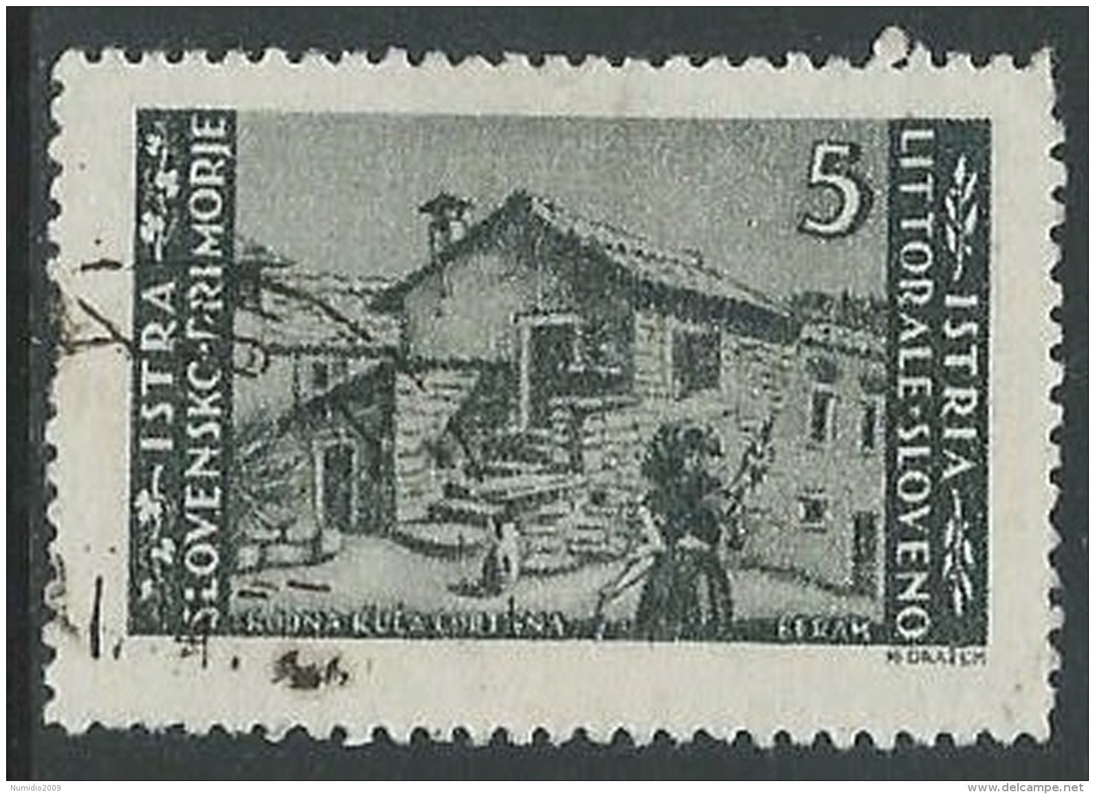 1946 OCC JUGOSLAVA ISTRIA USATO EMISSIONE BILINGUE 5 LIRE - M56-7-4 - Occup. Iugoslava: Istria