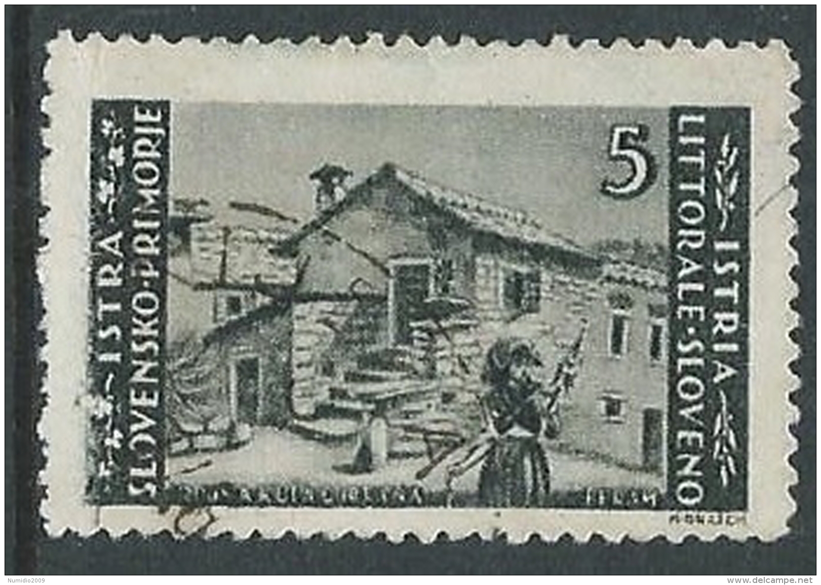 1946 OCC JUGOSLAVA ISTRIA USATO EMISSIONE BILINGUE 5 LIRE - M56-7-5 - Joegoslavische Bez.: Istrië