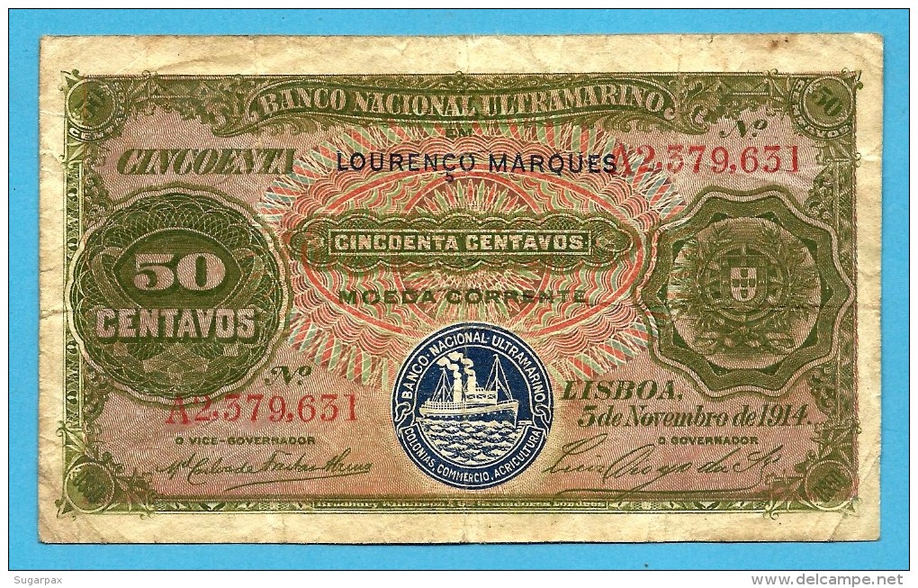 MOZAMBIQUE - 50 CENTAVOS - 05.11.1914 - P 61 - STEAMSHIP SEAL TYPE III - With Letter A - Mozambique