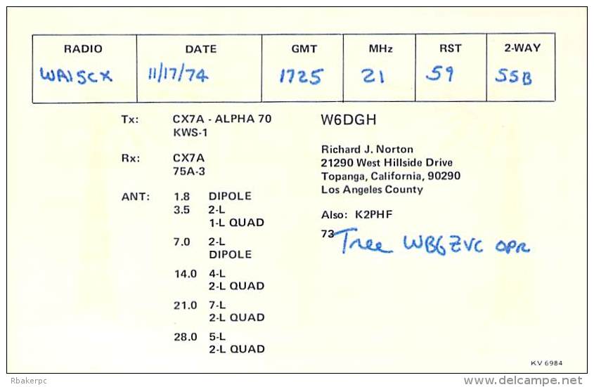 Amateur Radio QSL - W6DGH - Topanga, CA -USA- 1974 - 2 Scans - Radio Amateur