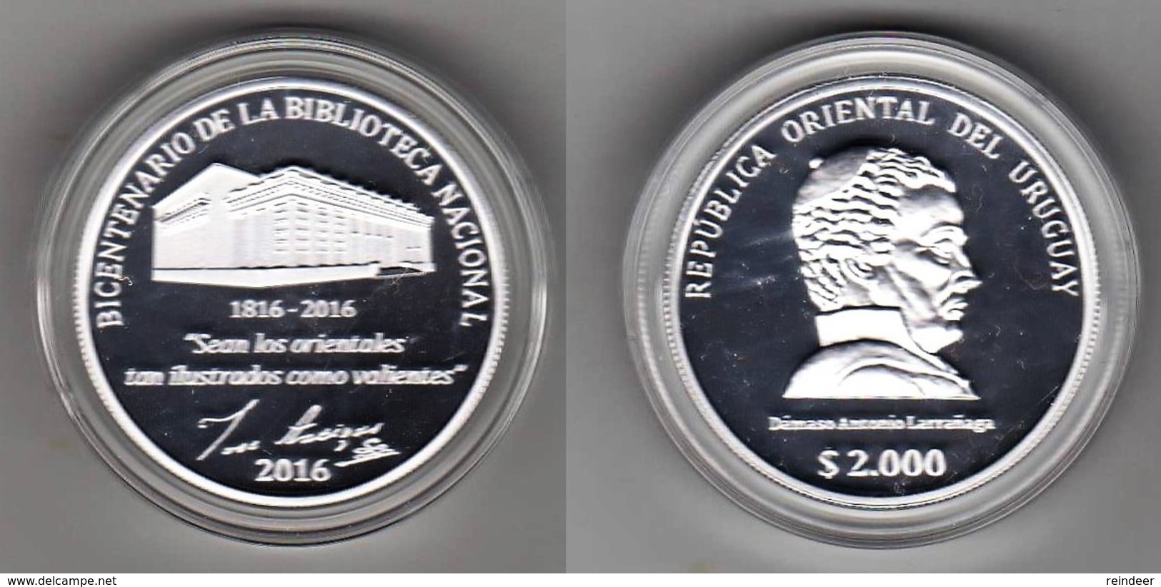 ® URUGUAY CONMEMORATIVA Bicentenario Biblioteca Nacional $2.000 - Plata Proof (2016) NEW!!! - Uruguay