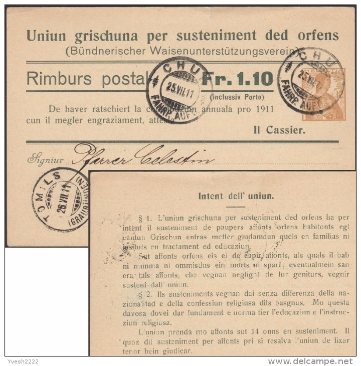 Suisse 1911. Entier Postal Timbré Sur Commande. Texte En Romanche. Union Pour L'aide Aux Orphelins Des Grisons - Altri & Non Classificati