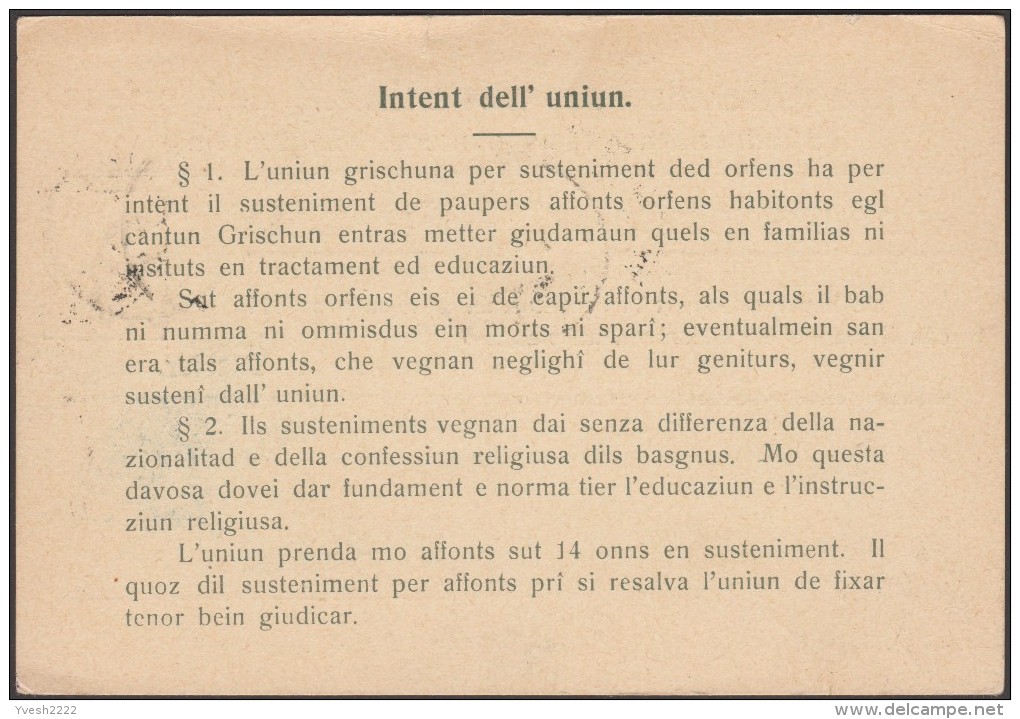 Suisse 1911. Entier Postal Timbré Sur Commande. Texte En Romanche. Union Pour L'aide Aux Orphelins Des Grisons - Autres & Non Classés