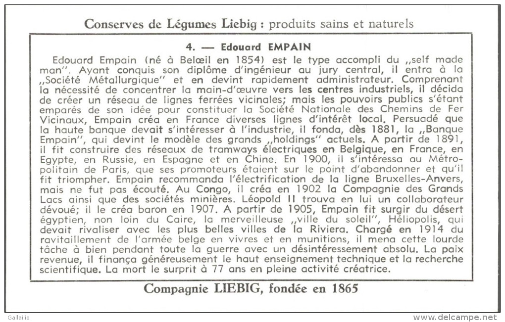 CHROMO LIEBIG PROMOTION DU TRAVAIL PAR DES GRANDS BELGES EDOUARD EMPAIN - Liebig