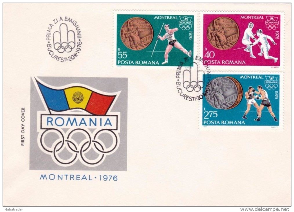 Olympic Games Montreal 1976 - Romania - First Day Cover Javelin Throwing  Fencing  Boxing Stamp - Printed 1976 - Estate 1976: Montreal