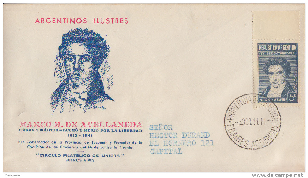 Enveloppe  FDC   1er  Jour   ARGENTINE  Marco  M.  DE  AVELLANEDA   1941 - FDC