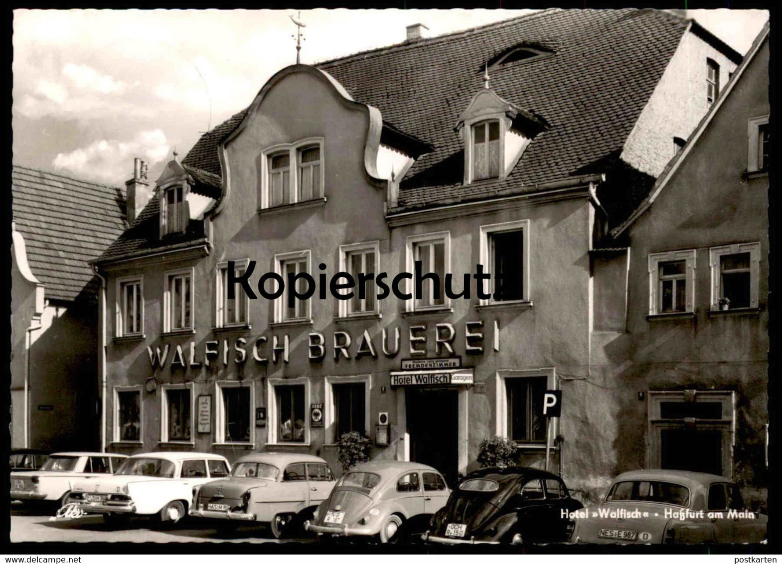 ÄLTERE POSTKARTE HOTEL WALFISCH HASSFURT AM MAIN Brauerei Brewery Mercedes VW Käfer Opel Auto Car ADAC Ansichtskarte Cpa - Hassfurt