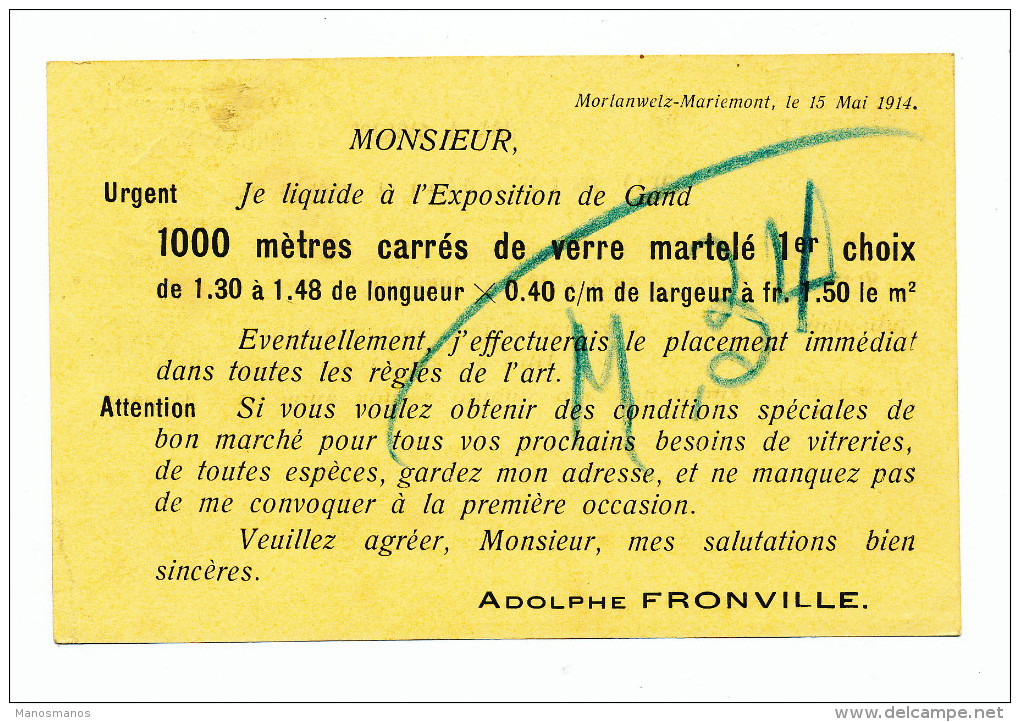 977/23 - Carte Publicitaire PREO Bruxelles 1914 - Glaces Et Verres à Vitres Fronville à MORLANWELZ MARIEMONT - Typo Precancels 1912-14 (Lion)