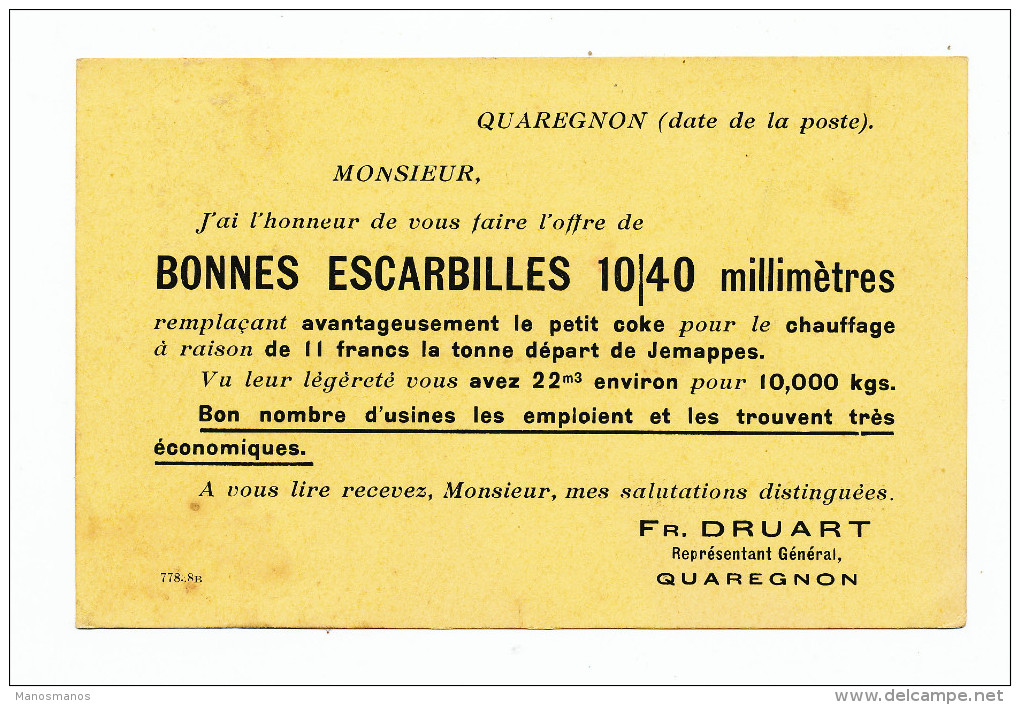 979/23 - Carte Publicitaire PREO Bruxelles 1913 - Escarbilles ( Petit Coke) Druart à QUAREGNON - Typo Precancels 1912-14 (Lion)