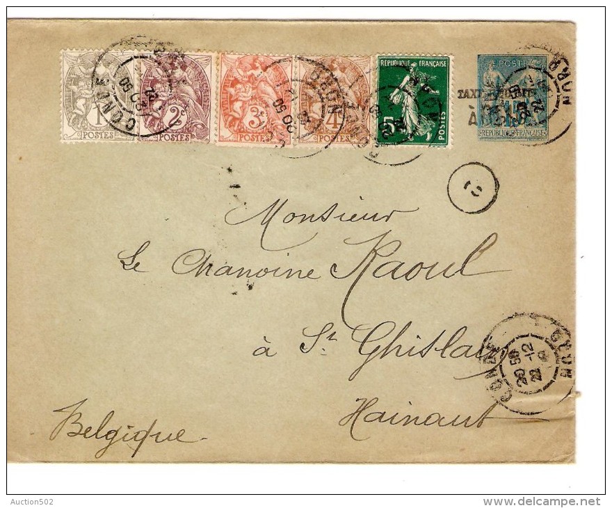 Entier CL 15 Surchargé Taxe Réduite à 0,10 C +TP C.Condé (Nord) 22/12/1908 V.St.Ghislain C.d'arrivée PR3275 - Enveloppes Types Et TSC (avant 1995)