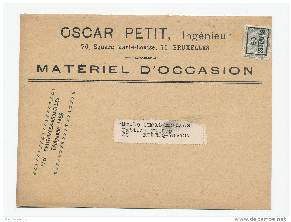 983/23 - Carte Publicitaire PREO Bruxelles 1909 - Matériel D' Occasion , Oscar Petit , Ingénieur - Avec Prix - Sobreimpresos 1906-12 (Armarios)