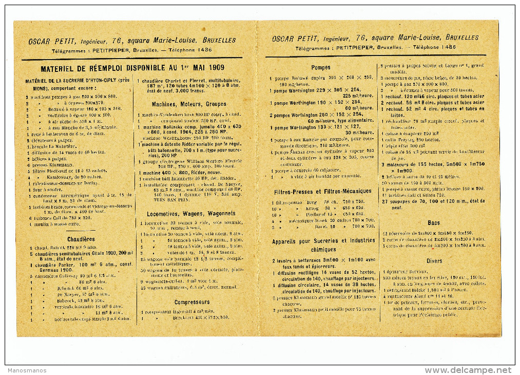 983/23 - Carte Publicitaire PREO Bruxelles 1909 - Matériel D' Occasion , Oscar Petit , Ingénieur - Avec Prix - Typos 1906-12 (Armoiries)