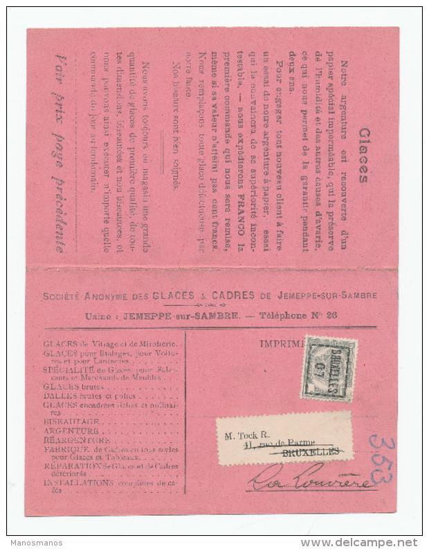 989/23 - Carte Publicitaire PREO Bruxelles 1907 - Glaces Et Cadres De JEMEPPE Sur SAMBRE - VERRERIES - Typos 1906-12 (Wappen)