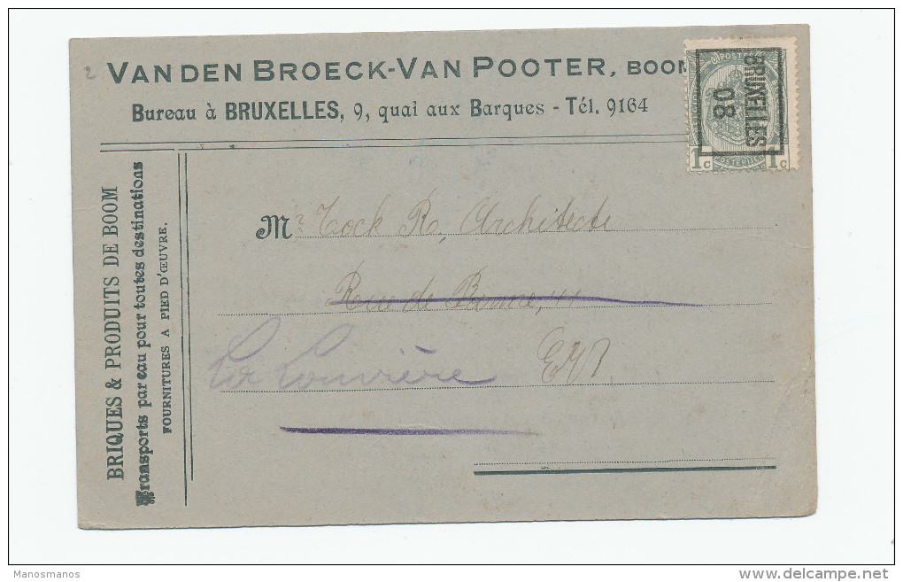 990/23 - Carte Publicitaire PREO Bruxelles 1908 - Briques De BOOM Vanden Broeck - Van Pooter - Typo Precancels 1906-12 (Coat Of Arms)