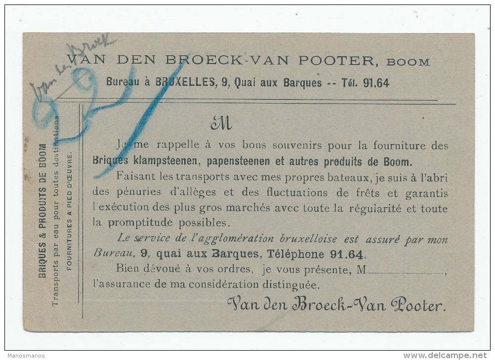 990/23 - Carte Publicitaire PREO Bruxelles 1908 - Briques De BOOM Vanden Broeck - Van Pooter - Typos 1906-12 (Wappen)