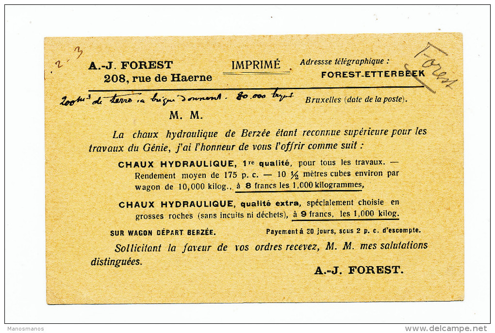 991/23 - Carte Publicitaire PREO Bruxelles 1908 - Chaux Hydraulique De BERZEE , Par A-J. Forest à ETTERBEEK - Typos 1906-12 (Wappen)