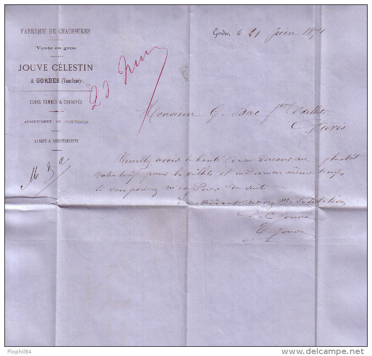 VAUCLUSE - GORDES - LE 21 JUIN 1871 POUR PARIS - N°29 OBLITERATION GC1675 - ENTETE FABRIQUE DE CHAUSSURES JOUVE CELESTIN - 1849-1876: Classic Period