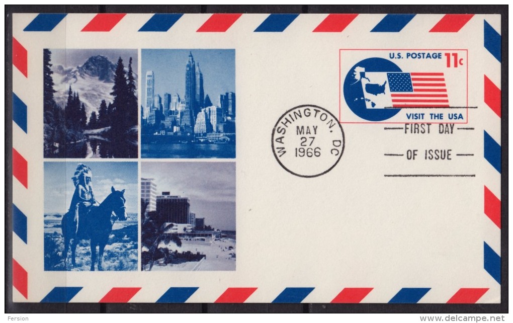 1966 - USA United States - FLAG Map  - POSTAL STATIONERY - FDC - Indian Miami Beach New York Yellowstone - 1941-60