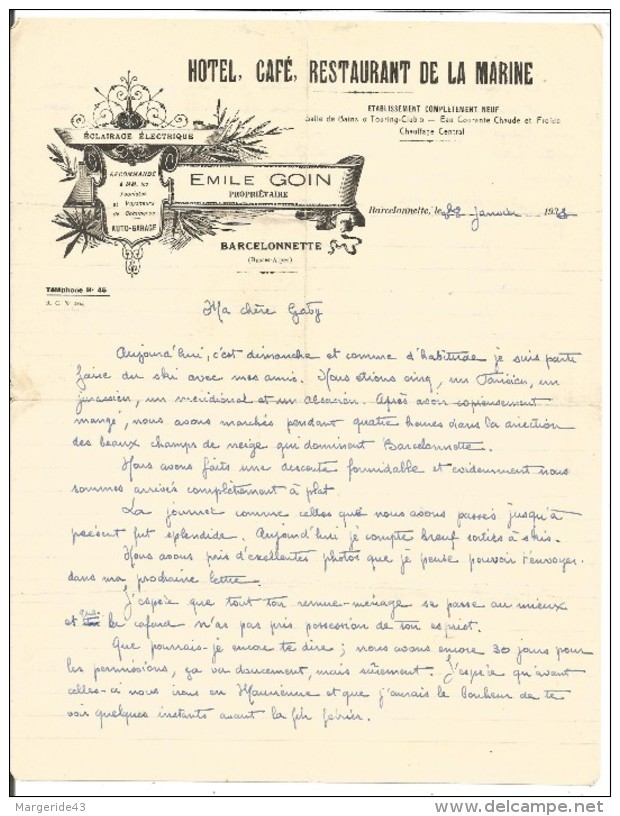 COURRIER EMILE GOIN HOTEL CAFE DE LA MARINE à BARCELONNETTE 1934 - 1900 – 1949