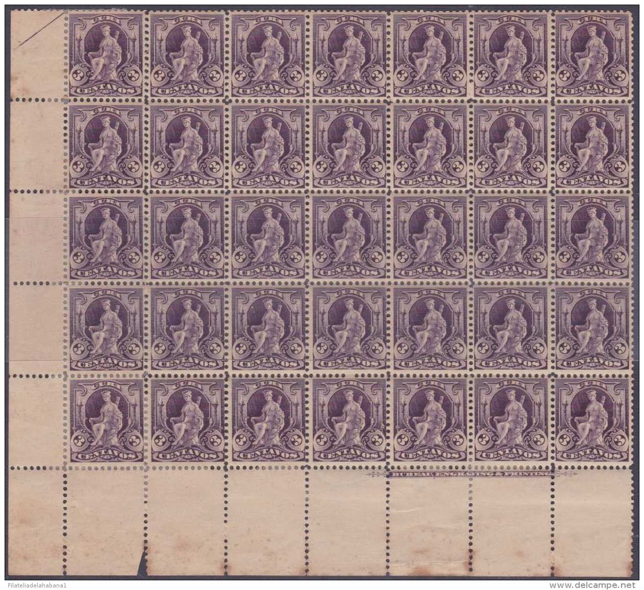 1899-270 CUBA US OCCUPATION (LG-803) 1899 3c INDIA FOUNT. BLOCK OF 35. PLATE NUMBER. ORIGINAL GUM. - Unused Stamps