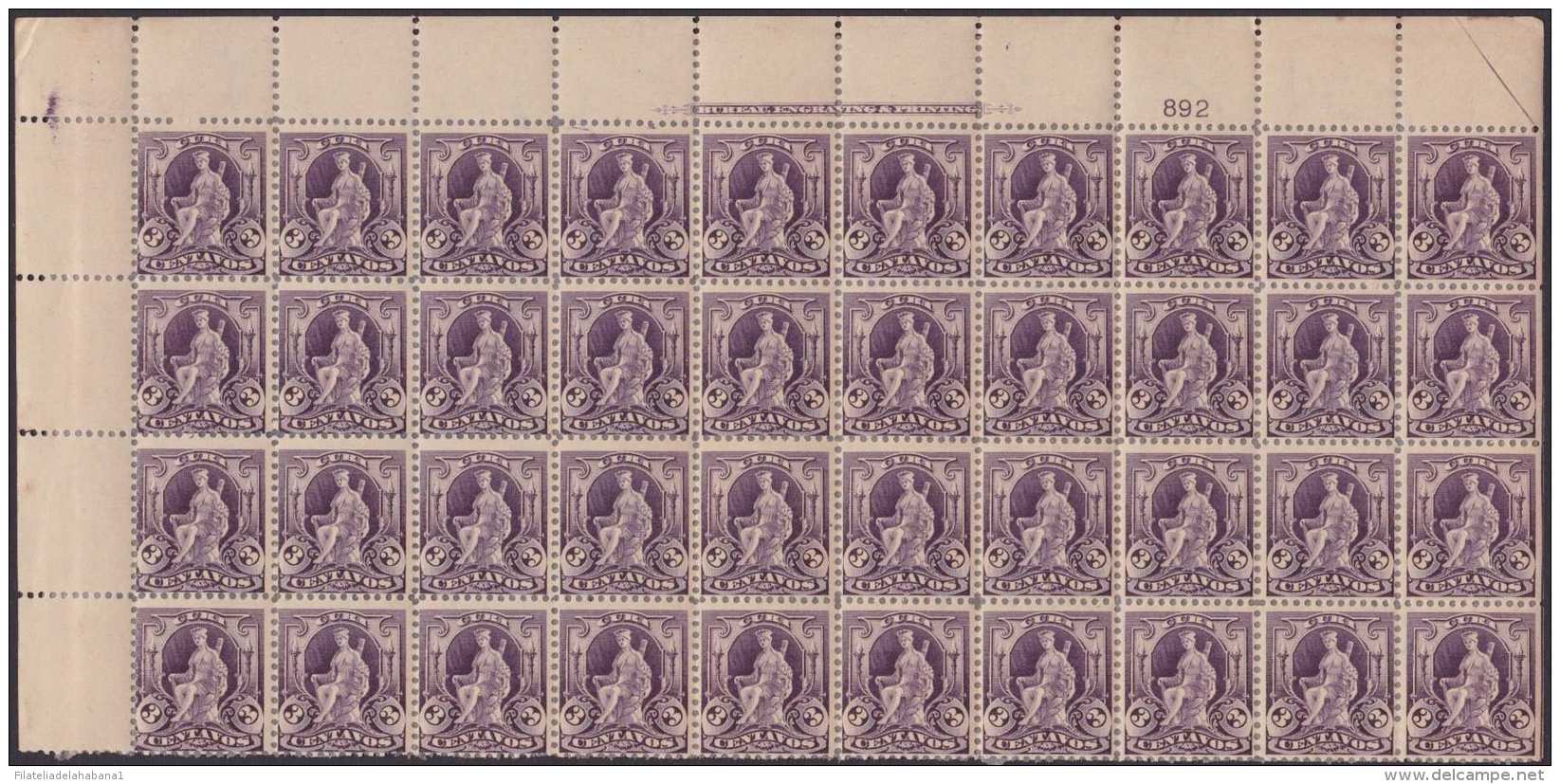 1899-271 CUBA US OCCUPATION (LG-804) 1899 3c INDIA FOUNT. BLOCK OF 40. PLATE NUMBER 892. ORIGINAL GUM. - Ongebruikt