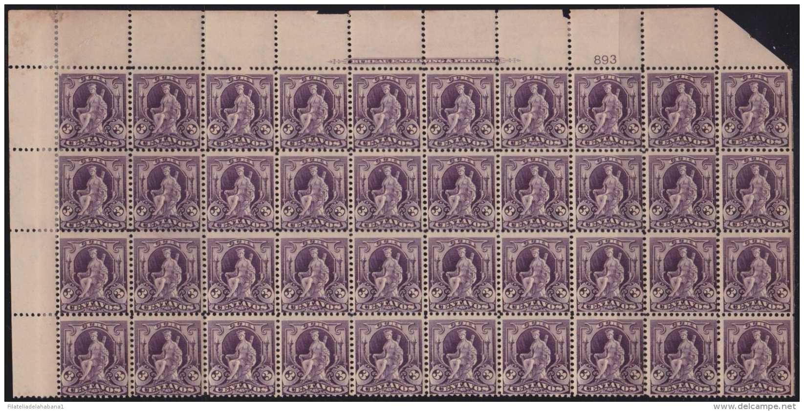 1899-272 CUBA US OCCUPATION (LG-805) 1899 3c INDIA FOUNT. BLOCK OF 40. PLATE NUMBER 893. ORIGINAL GUM. - Ongebruikt