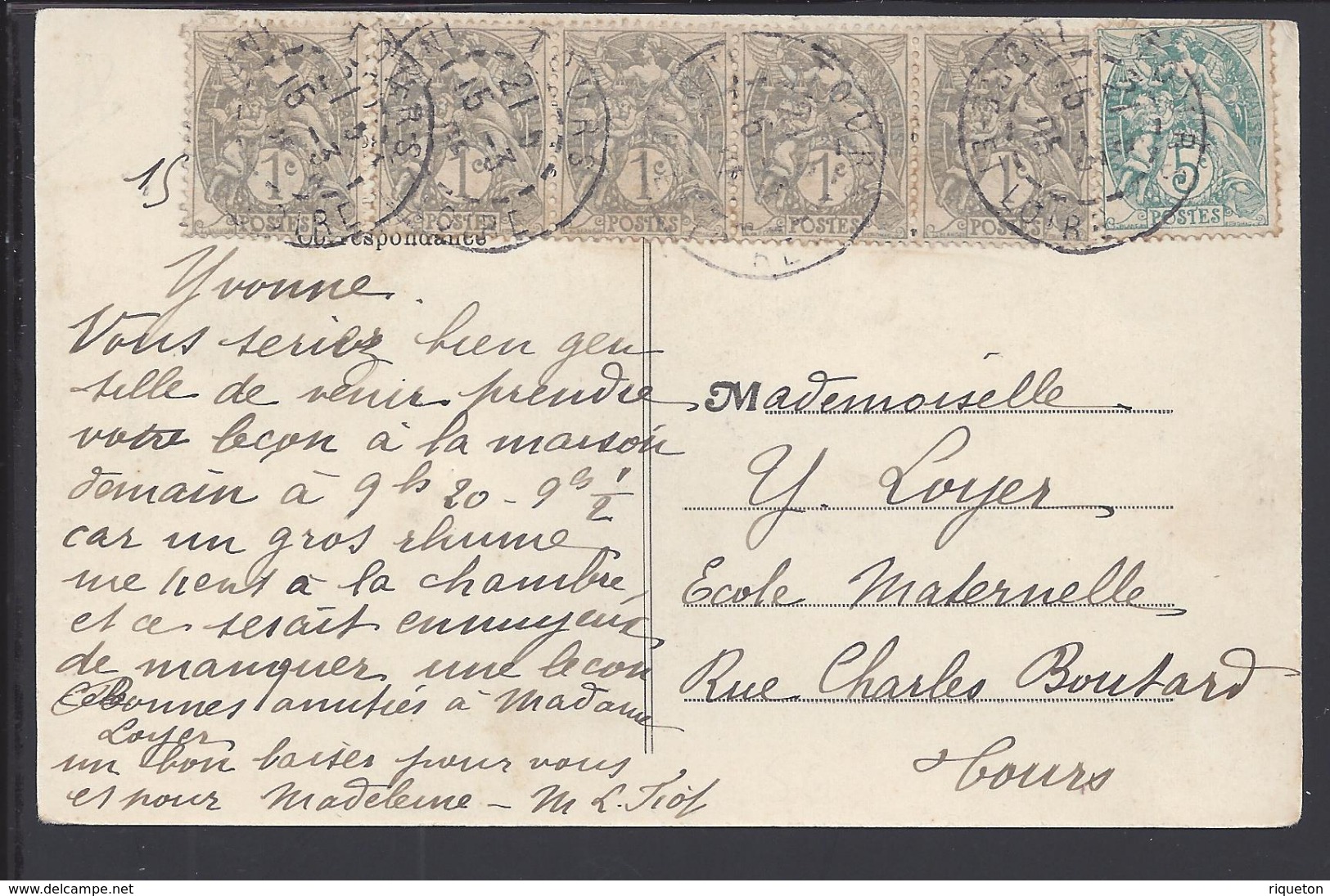 FR - 1905 -Affranchissement à 10 Ct Type Blanc Sur Carte Postale "Saint Martin Partageant Son Manteau" De Tours En Ville - 1877-1920: Période Semi Moderne