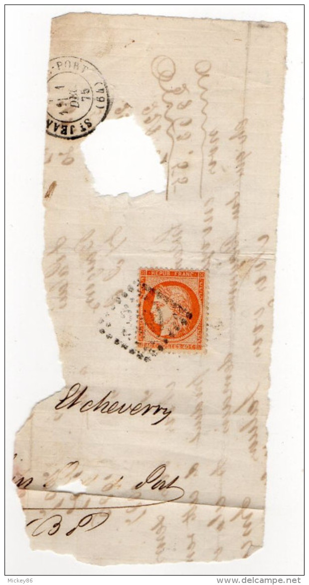 1875--Fragment De Lettre Cachet St Jean Pied De Port-64--tp N°38  Cérès 40c Orange Cachet Losange--- - 1849-1876: Période Classique