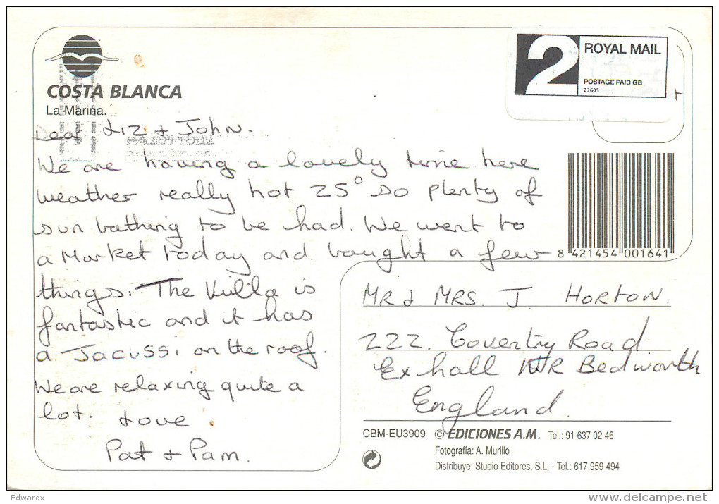 La Marina, Costa Blanca, Spain Postcard Posted 2000s Private Post ATM Stamp Via GB (?) Via Finland - Otros & Sin Clasificación