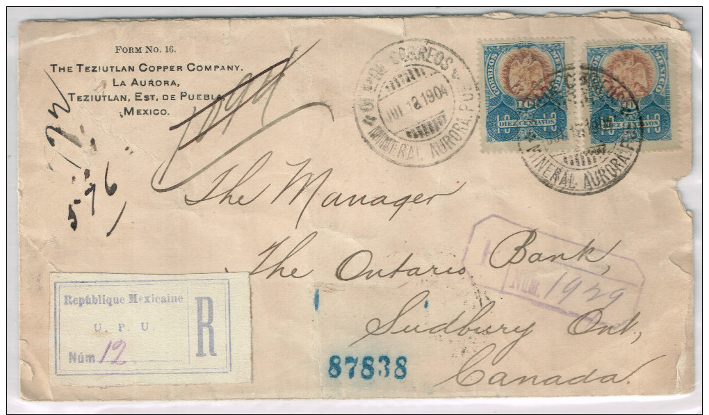 Mexico Registered Cover Scott #294 X2 Mineral Aurora Puebla 1904 Via TX & Chicago To Canada AV-F - Mexique