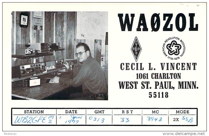 Amateur Radio QSL - WA0ZOL - West St. Paul, MN -USA- 1977 - 2 Scans - Radio Amateur