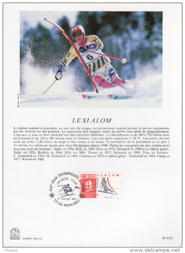 FRANCE 1991 : Encart Philatélique 1er Jour " JO D´ALBERTVILLE : SLALOM " N° YT 2676. - Winter 1992: Albertville