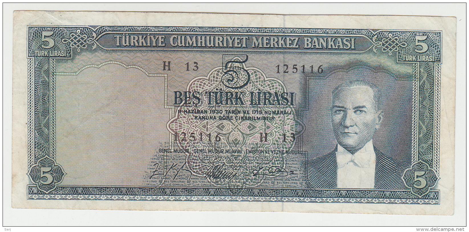 Turkey 5 Lira Series 1930 (1965) VF Banknote Pick 174 - Türkei