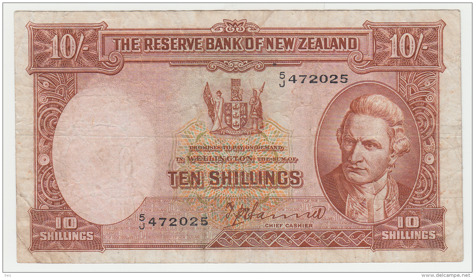 New Zealand 10 Shillings 1940 - 1955 VF Pick 158a 158 A (HANNA) - Neuseeland