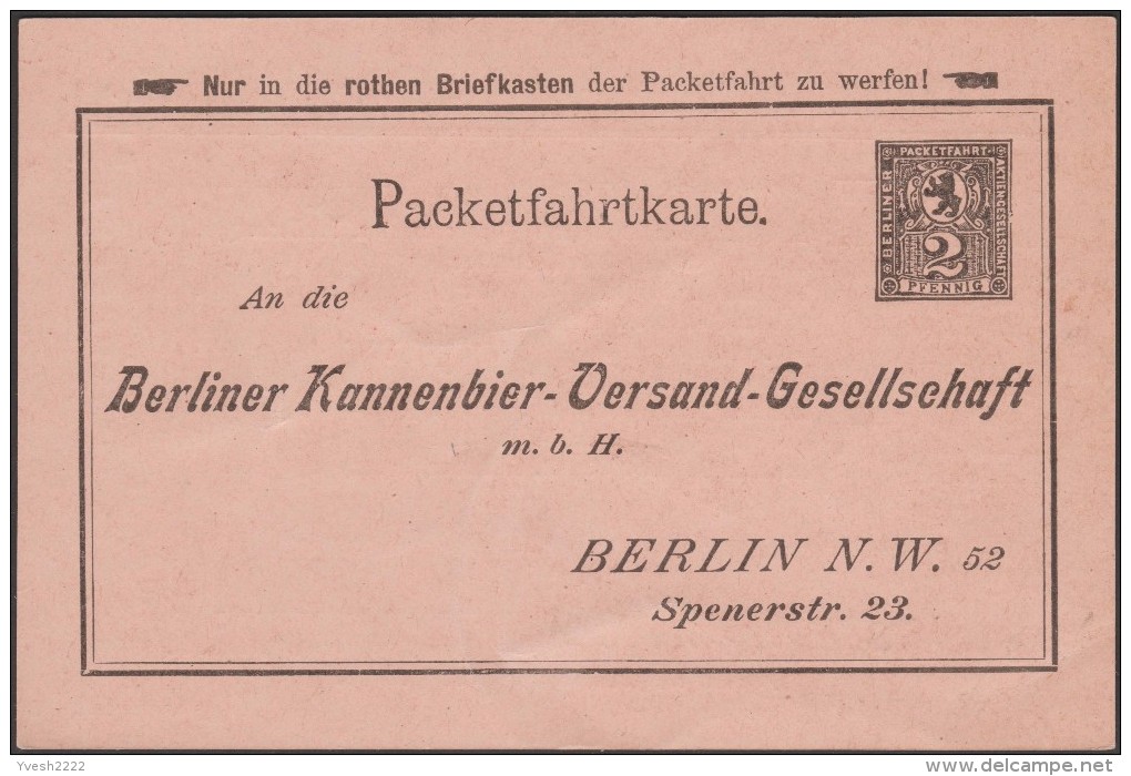 Allemagne 1898. Poste Locale De Berlin. Entier. Bière En Pichets, Bière De Mars (Bockbier). Fûts De 5 Litres Bière Dorée - Bier